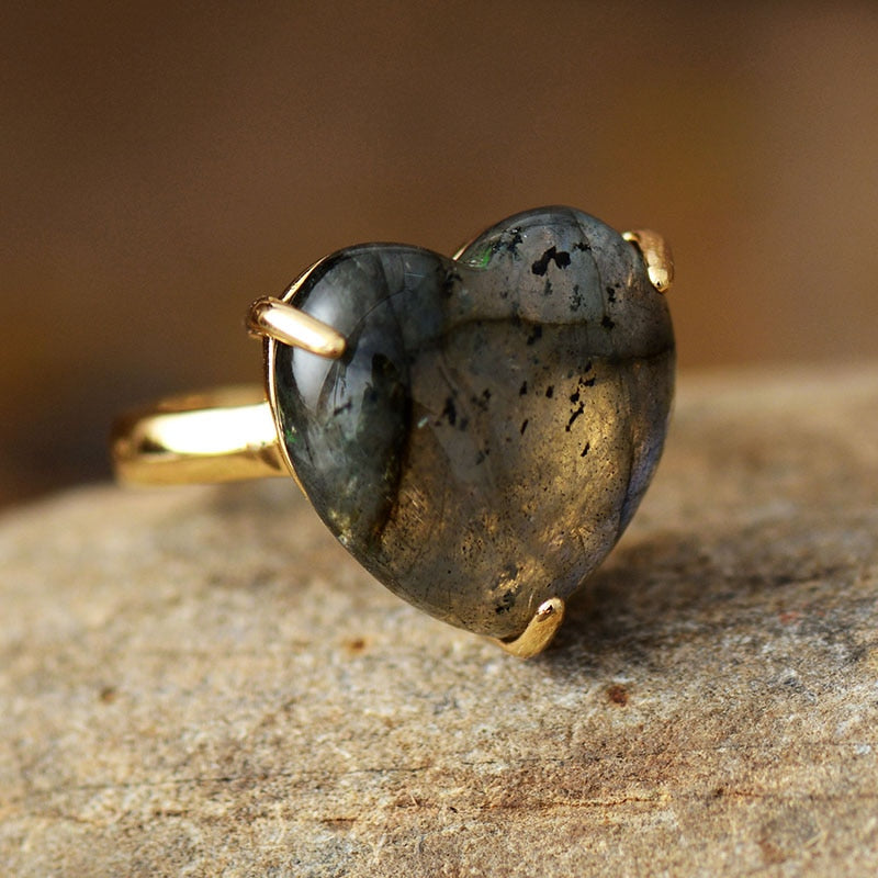 Skhek Luxury Gems Stone Heart Finger Rings Classic Labradorite Apatite Party Cocktail Adjustable Ring Anniversary Wedding Jewelry