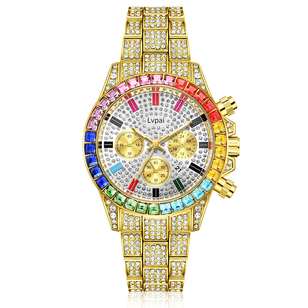 Christmas Gift Lvpai Brand Men Women Watches Iced Out Diamond Hip Hop Luxury Large Dial Calendar Quartz Wrist Watch Top Brand Luxury Gold Clock