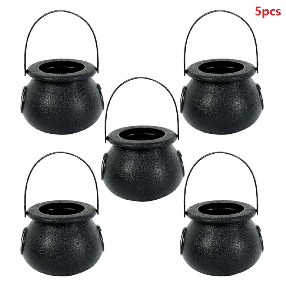 SKHEK 5Pcs/Lot Halloween White Skull Black Witch Plastic Candy Bucket Jar Trick Or Treat Halloween Party Decorations Props For Kids
