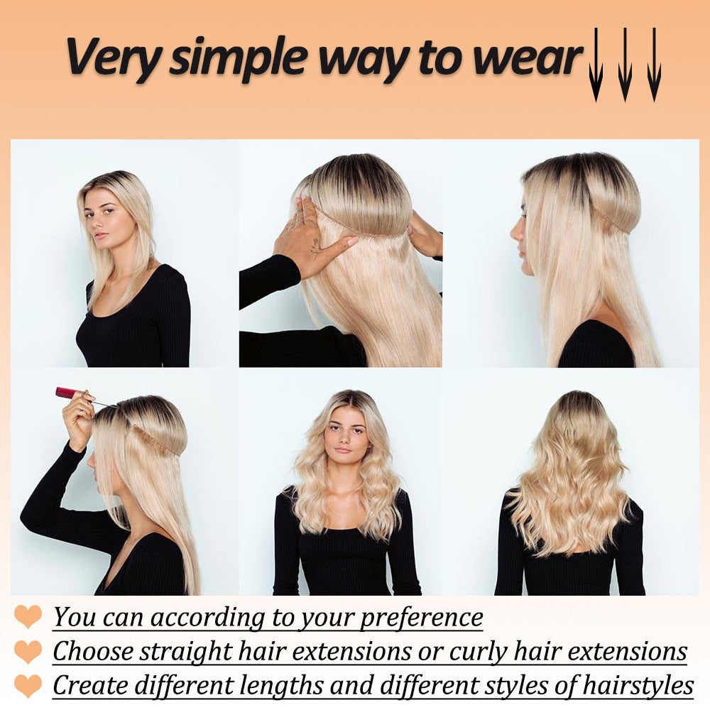 Synthetic No Clip Halo Hidden Hair Extension Ombre Artificial Natural Fake False Long Short Straight Hairpiece Blonde For Women