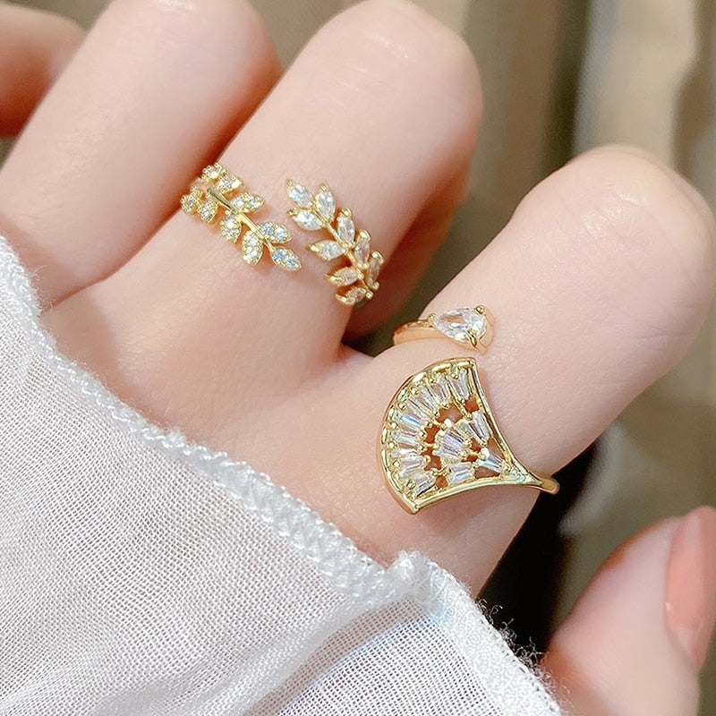Korean Trendy New Arrives Ginkgo Biloba Leaves Women Ring Adjustable Bling Top Quality CZ Band Engagement Bridal Anillos Rings