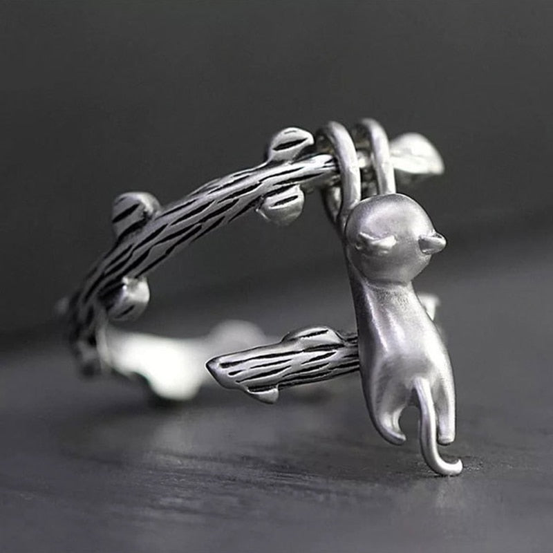 Skhek New cat climbing branches metal ring creative fashion European and American style open ring