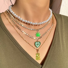 Load image into Gallery viewer, SKHEK New Multi-Layer Enamel Heart Leaf Crystal Chain Necklace For Women Green Gummy Bear Pendant Pearl Necklace Fashion Jewelry Gift