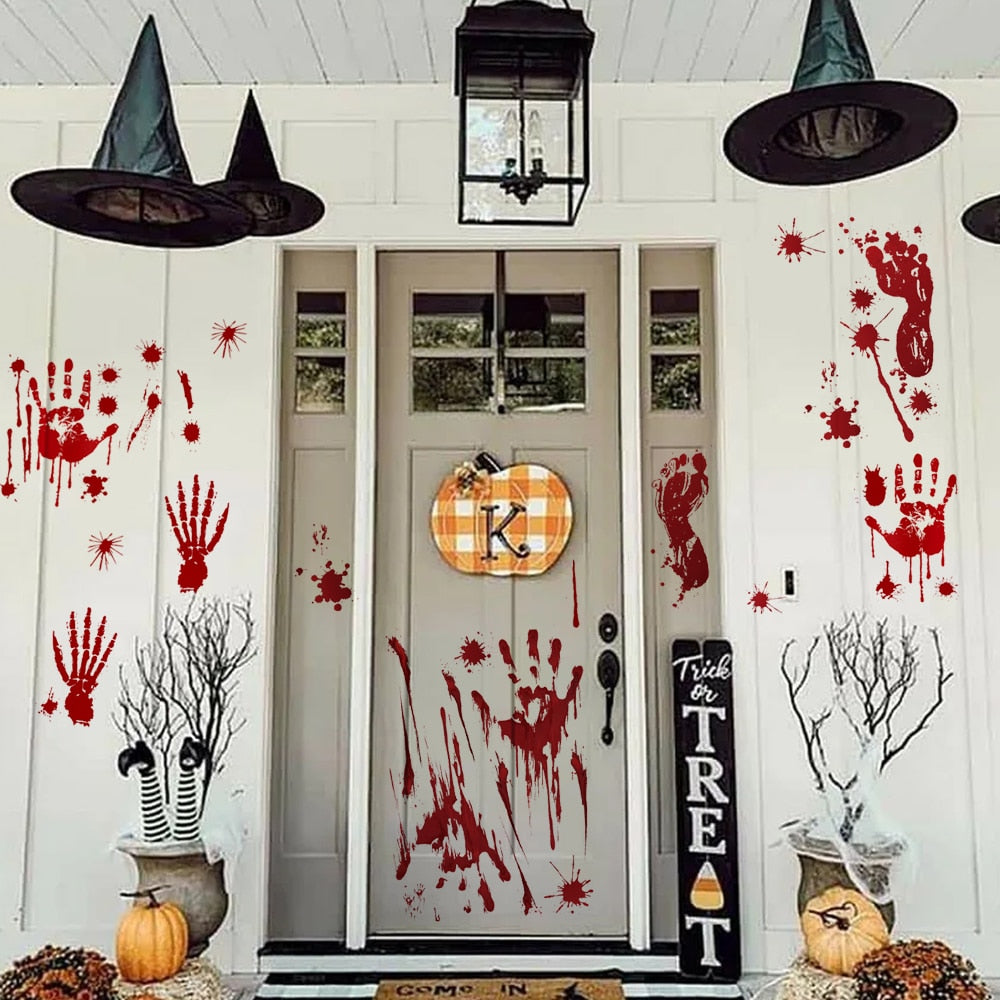 SKHEK Horror Blood Handprint Footprint Fingerprint Halloween Stickers Wall Window Floor Decor Horror Blood Sticker Haunted House Decor