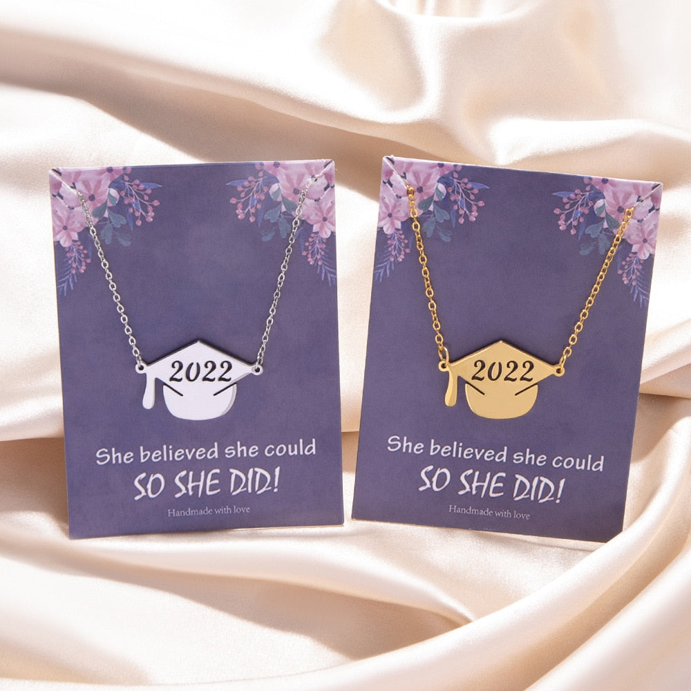 Skhek Graduation Gift  Class of 2022 2022 Graduate Necklace Jewelry Gold Silver Color Stainless Steel Graduation Hat Pendant Necklaces With Card Gifts