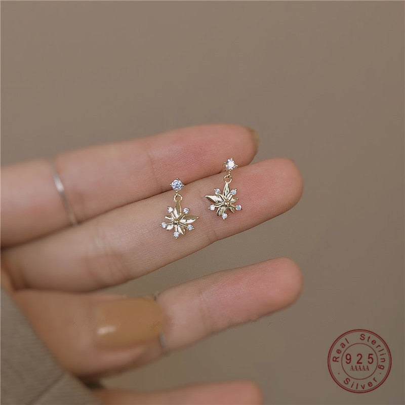 Skhek  Christmas Gift 925 Sterling Silver Small Fresh Flower Exquisite Crystal Plating 14k Gold Earrings Women Exquisite Creative All-Match Jewelry