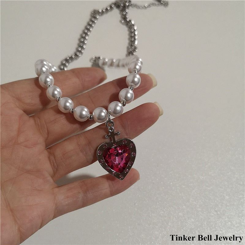 SKHEK Goth Harajuku Spider Cross Angel Heart Pendant Beaded Chain Choker Necklace For Men Women Punk Grunge Y2K Jewelry Accessories