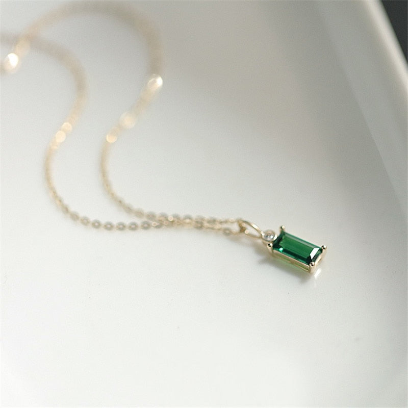 Skhek European Simple Square Green Crystal Pendant Clavicle Chain Necklace Women Classic Plating 14k Gold Jewelry