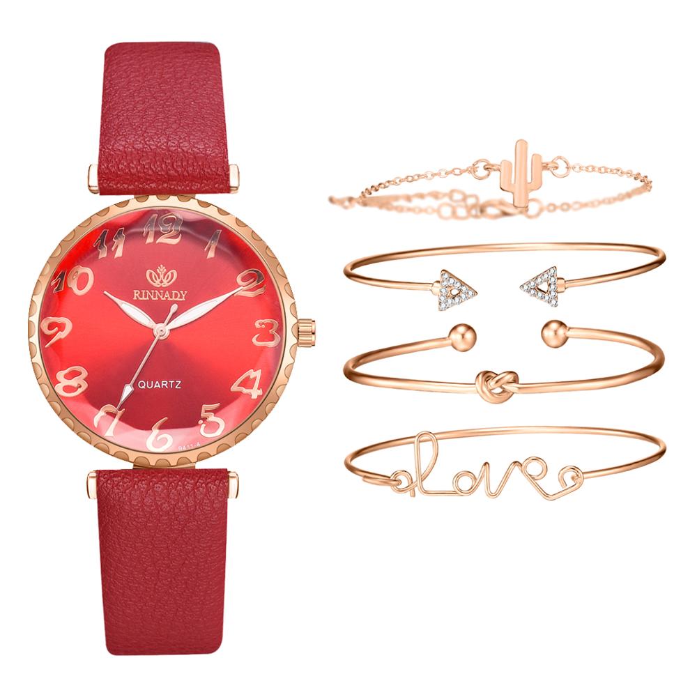 Christmas Gift 5pc/set New Fashion Women Watches Round Arabic Numerals Leather Watch Women Dress Ladies Wristwatches Luxury Bracelet Watch Set
