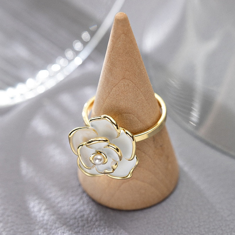 Skhek Retro open ring female Japanese and Korean simple camellia flower small fragrance light luxury oil drop pearl ring