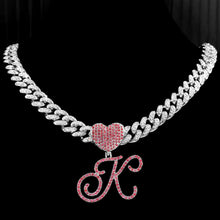 Load image into Gallery viewer, Skhek Hip Hop Pink A-Z Cursive Letter Initial Heart Pendant Necklace For Women Bling Iced Out Cuban Zircon Chain Necklace Punk Jewelry