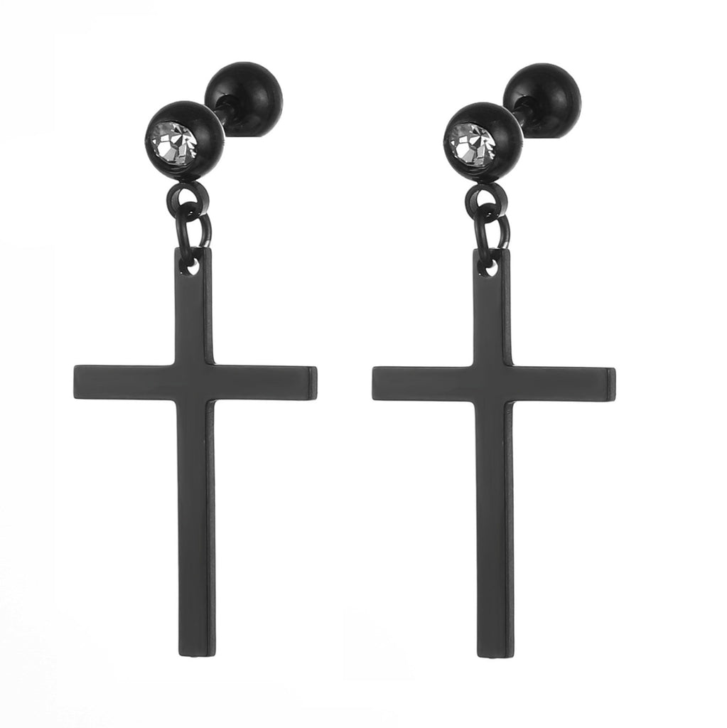 Stainless Steel Punk Men Cross Earrings Simple Stud Drop Earrings for Women Black/Silver Color Gothic Cross Rock Ear Rings