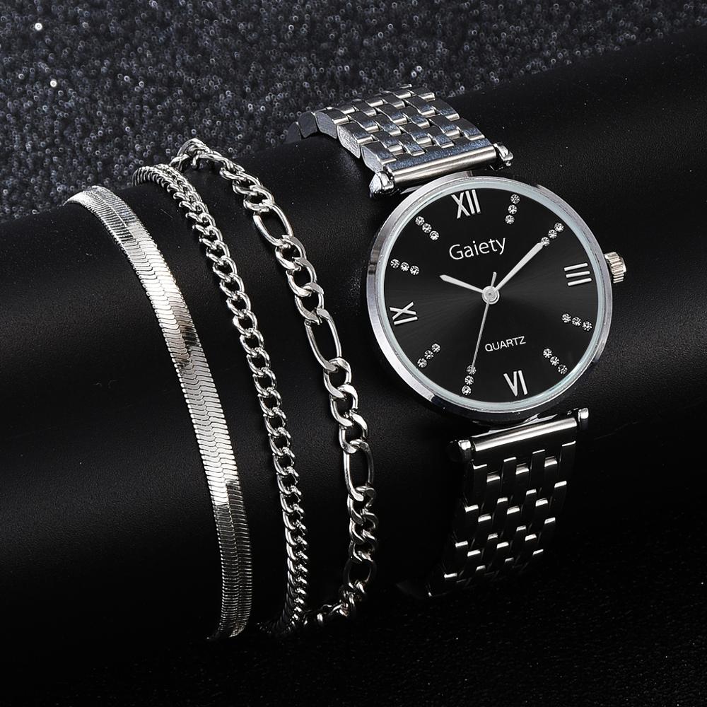 Christmas Gift 4PCS Set Watches For Women Crystal Diamond Rose Gold Steel Strap Ladies Wrist Watches Bracelet Female Clock Relogio Feminino