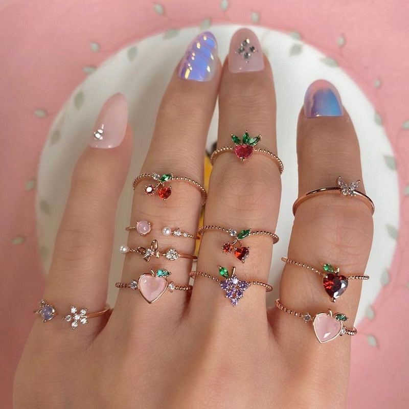 11 Pcs/Set Sweet Crystal Apple Strawberry Cherry Grape Butterfly Rings for Women Cute Fruit Gold Rings Set Party Jewelry Gifts
