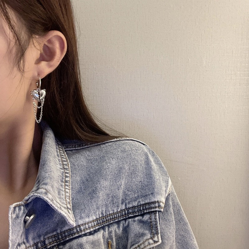 SKHEK Korean Fashion Goth Metal Broken Peach Heart Pendant Chain Tassel Earrings For Women Egirl Vintage Hiphop Punk Grunge Jewelry
