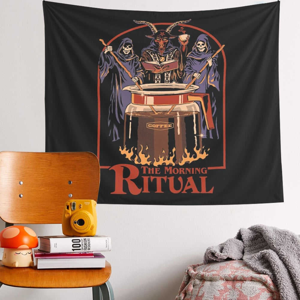Morning Ritual Tapestry Black Tapestry Room Decor Psychedelic Aesthetic INS Art Wall Hanging Tapestries for Living Room Decor