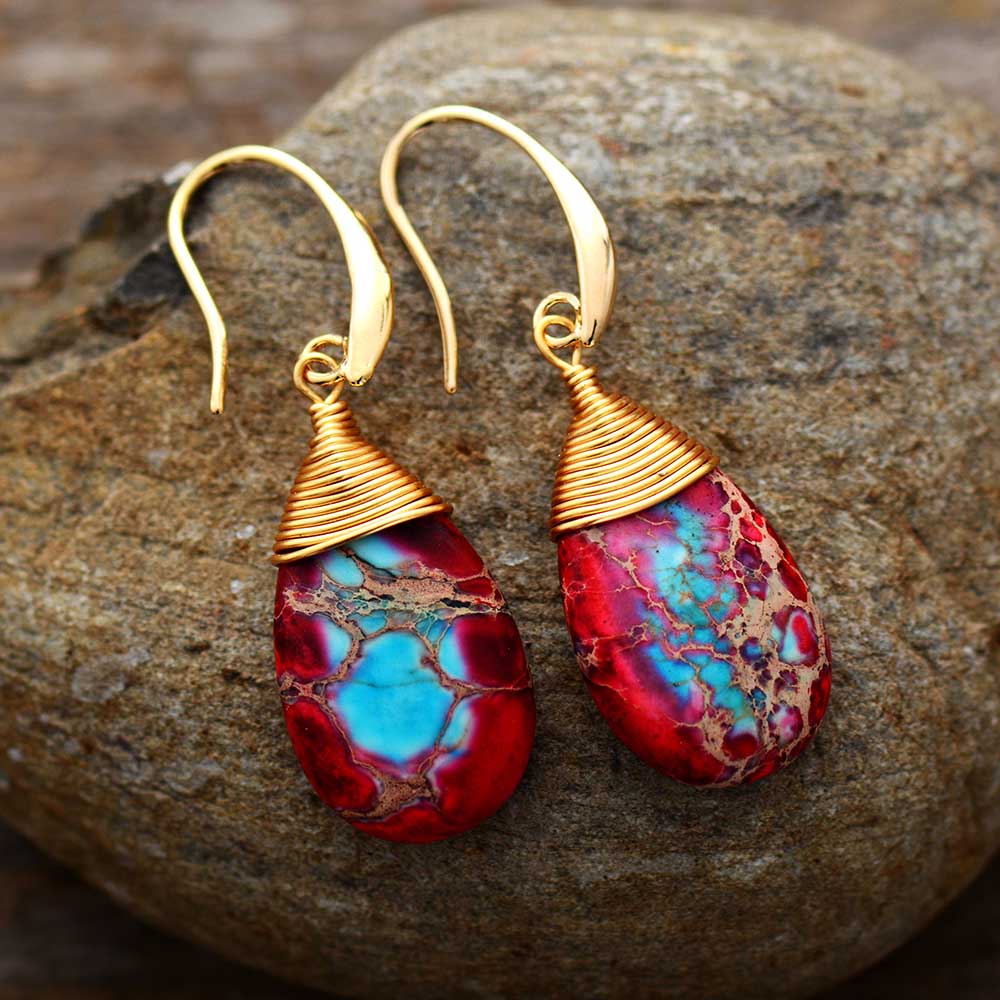 Skhek  Bohemian Natural Stones Drop Earrings For Women Teardrop Jaspers Dangle Red Earring Handmade Artist Jewelry