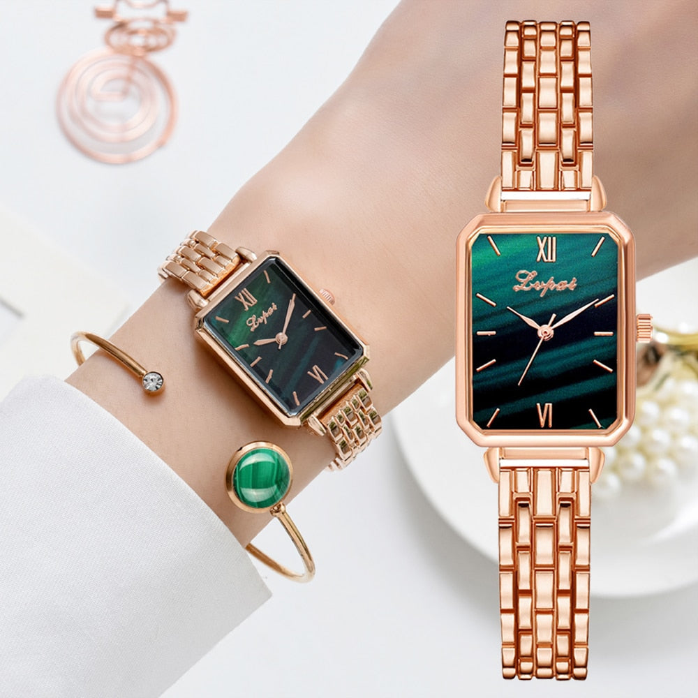 Christmas Gift Lvpai Brand  Watch For Women Luxury Square Ladies Wrist Watch Bracelet Set Green Dial  Rose Gold Chain Female Clock Reloj Mujer