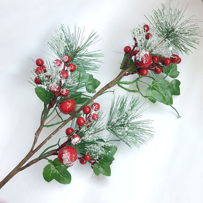Christmas Gift Artificial Pine Branch Red Fruit Artificial Berry for Christmas Decoration Fake Flower Home Party Decor Flower Arrangement