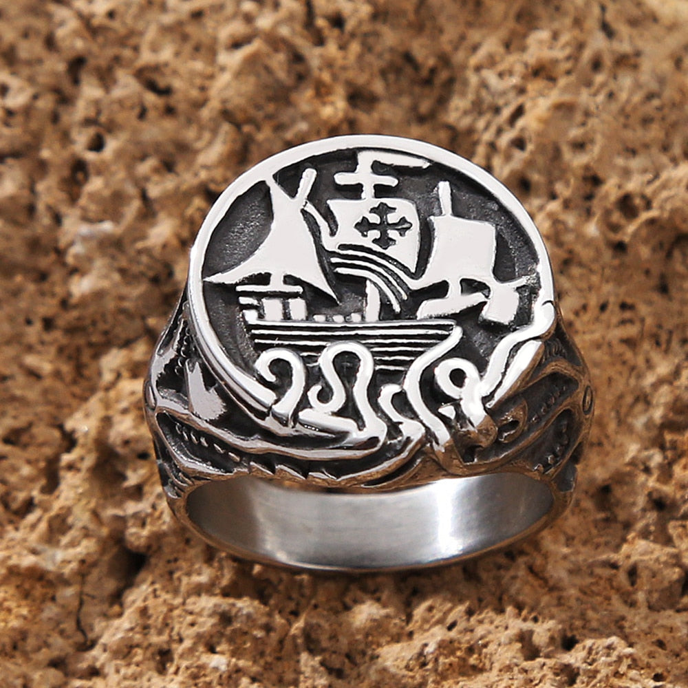 Skhek Vintage Stainless Steel Viking Pirate Ship Ring For Men Gothic Octopus Tentacle Stamp Ring Nordic Amulet Jewelry Gift Wholesale