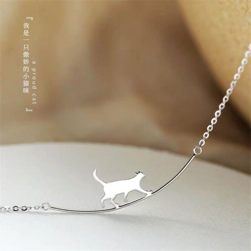 Christmas Gift New Fashion Cat Curved Simple Personality 925 Sterling Silver Jewelry Cute Animal Walking Cat Clavicle Chain Necklaces XL090