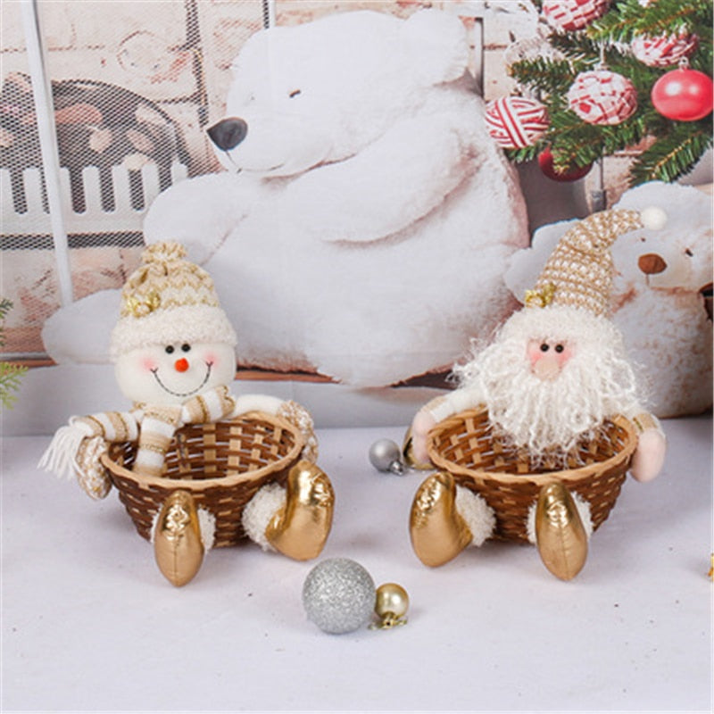 Christmas Gift Christmas Decoration Santa Claus Snowman Gold Doll Candy Basket Wooden Rattan Gift Box Desktop Organizer Ornaments New Year 2022