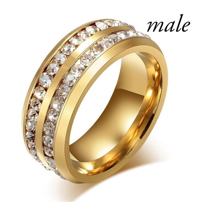 Skhek Couple Rings Stainless Steel Double Row Zircon Men Ring Luxucy Geometric Crystal Rhinestones Women Ring Gift