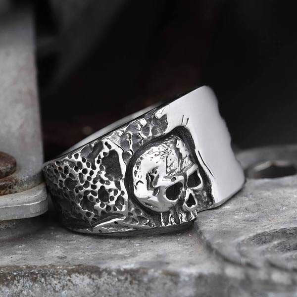 Skhek Unique Silver Color 316L Stainless Steel Evil Skull Ring Mens Punk Rock Biker Jewelry Dropshipping OSR538