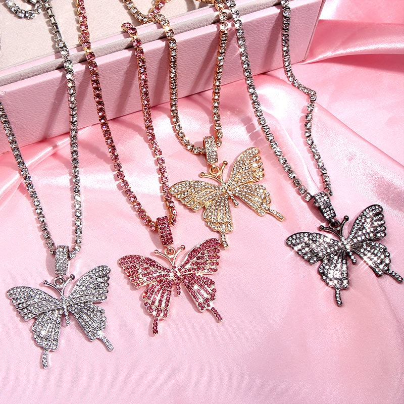 Skhek Statement Big Butterfly Pendant Necklace Rhinestone Chain For Women Bling Tennis Chain Crystal Choker Necklace Party Jewelry