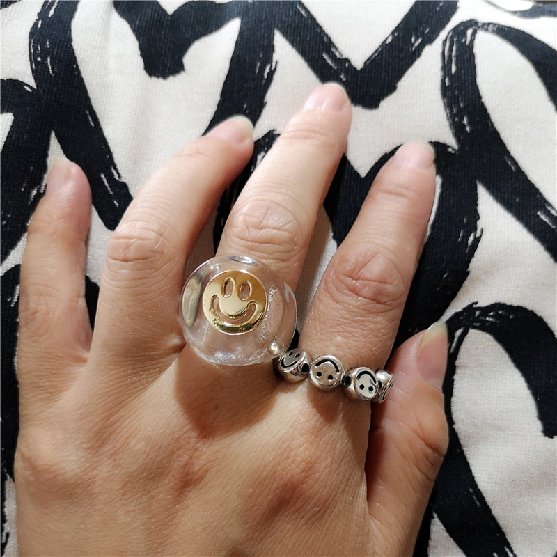 SKHEK 2022 New Korean Fashion Simple Punk Smiley Transparent Acrylic Resin Geometric Ring For Women Girls Aesthetic Gift Jewelry 1PC
