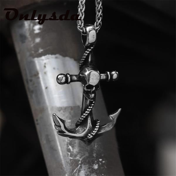 Skhek Stainless Steel Sea Anchor Skull Man Men Necklaces Chain Pendants Punk Rock Hip Hop Unique for Male Boy Fashion Jewelry Gift