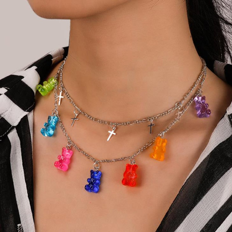 Colorful Gummy Bear Necklace for Women Christmas Gift Cute Cartoon Clavicle Crystal Chain Jewelry Children Birthday Party Collar