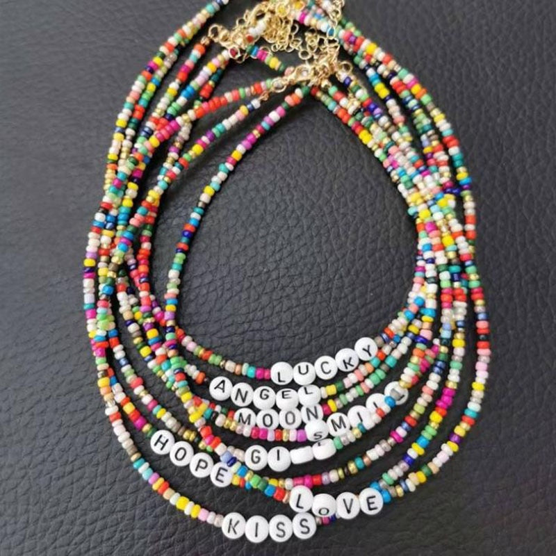 Boho Handmade Diy Rice Bead Necklaces Letter Lucky Love Girl Choker Clavicular Chain Colorful Female Beach Collier Femme Jewelry