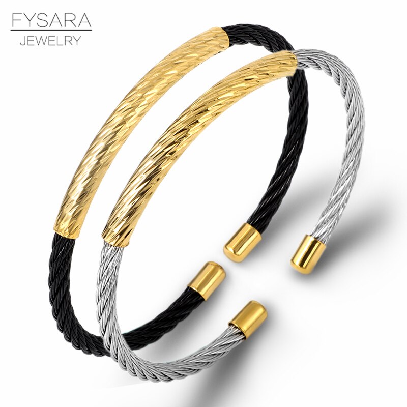 FYSARA Famous Brand Punk Black Silver Cable Wire Designers Bangles Thin Cuff Bracelet For Women Stainless Steel Jewelry Gifts