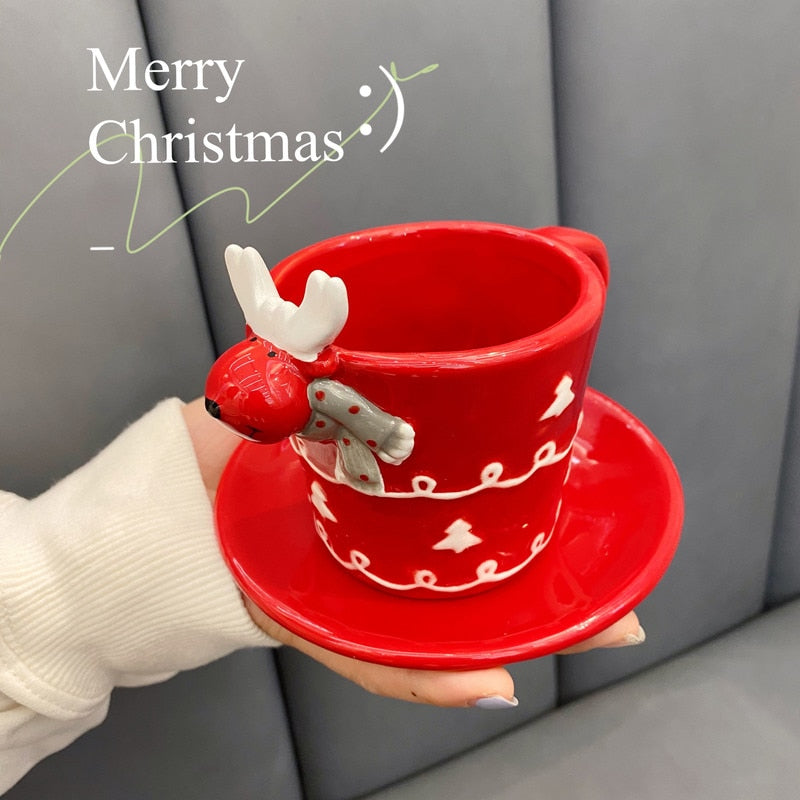 LadyCC Korean Christmas Season Deer Coffee Cup and Dish Set Creative Christmas Ceramic Afternoon Tea Cup