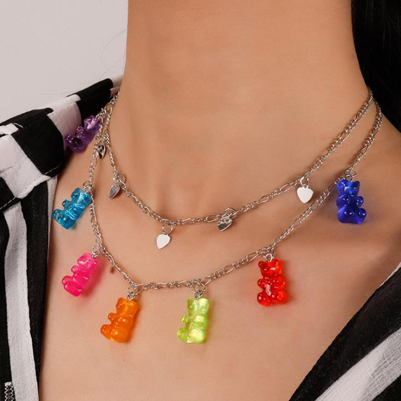 Candy Color Gummy Mini Bear Necklace for Women Christmas Gifts New Cute Animal Pendants Necklaces Jewelry Femme Bijoux Collare