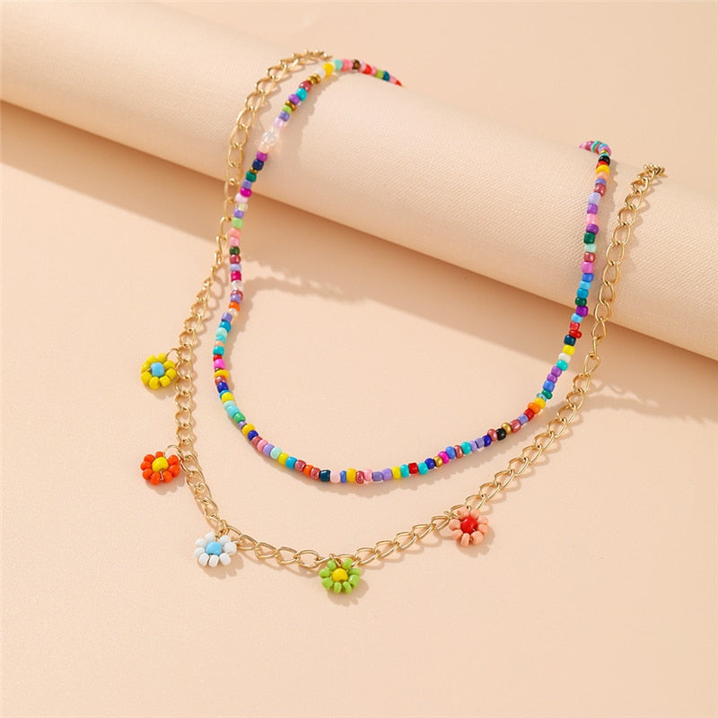 Skhek Bohemian Colorful Bead Shell Necklace for Women Summer Short Beaded Collar Clavicle Choker Necklace Female Jewelry