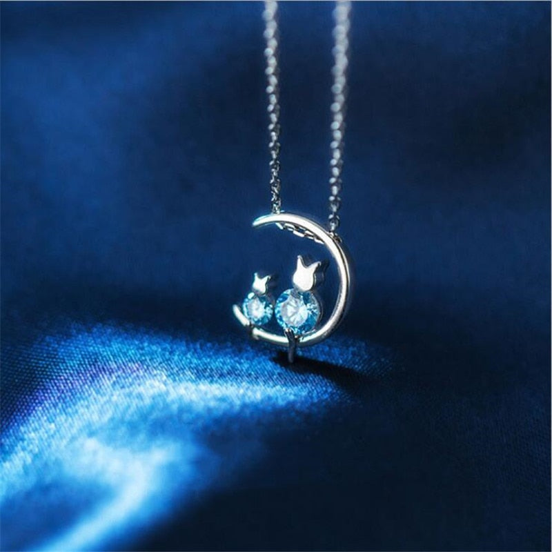 Christmas Gift New Korean Style Blue Crystal Moon Cat 925 Sterling Silver Jewelry Temperament Personality Clavicle Chain Necklaces XL041