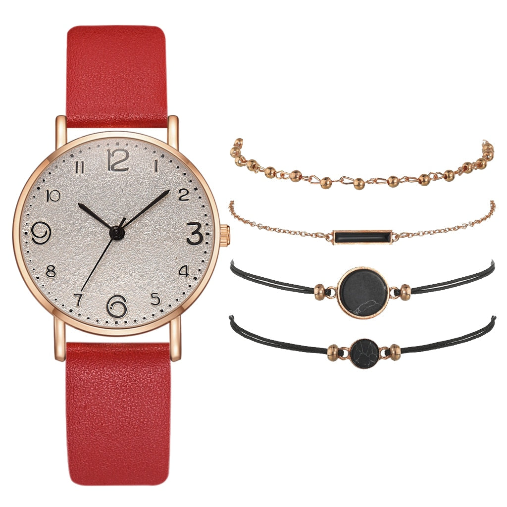 Christmas Gift 5pcs Set Watch For Women Luxury Leather Analog Ladies Quartz Wrist Watch Top Style Fashion Bracelet Watch Set Relogio Feminino