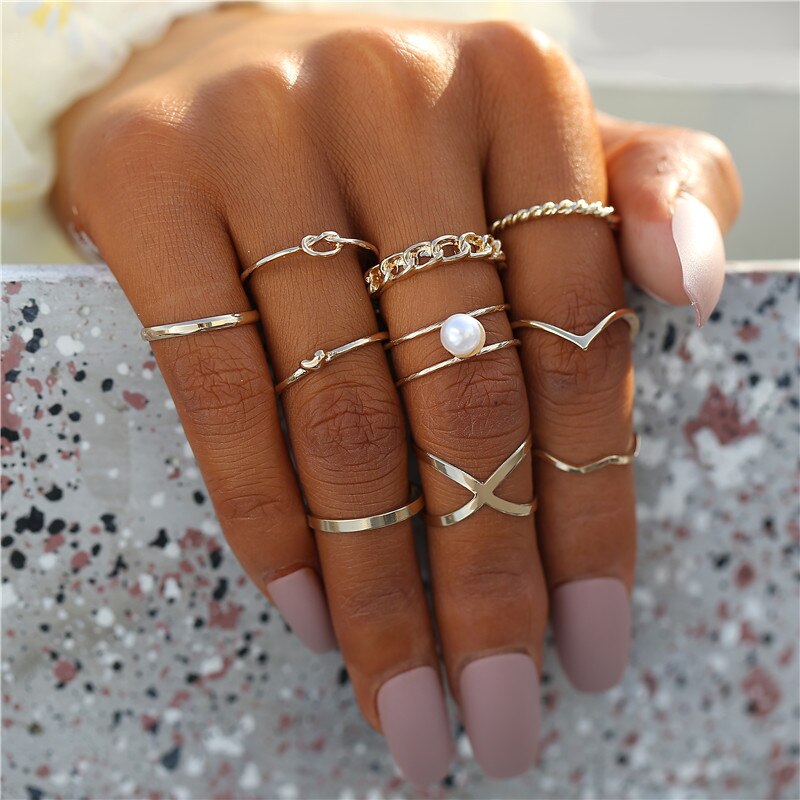 17KM Bohemian Crystal Rings Set Star Gold Color Rings For Women Fashion Geometric Pearl Ring Trendy 2020  Jewelry Gifts Party