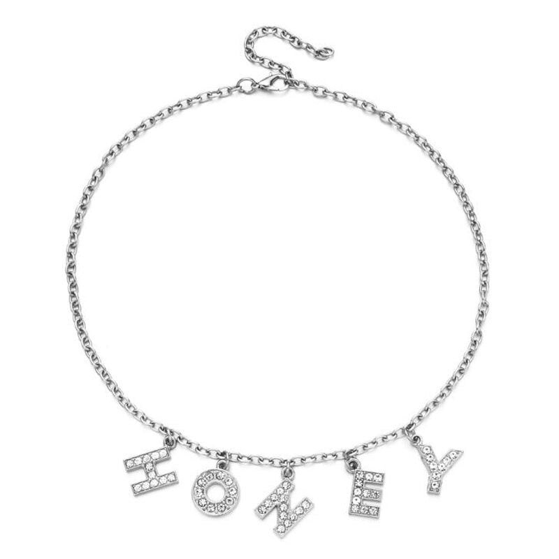 ANGEL Letter Crystal Pedant Necklace for Women Silver Color Chain BABY HONEY Rhinestone Choker Necklace Couple Jewelry Gift