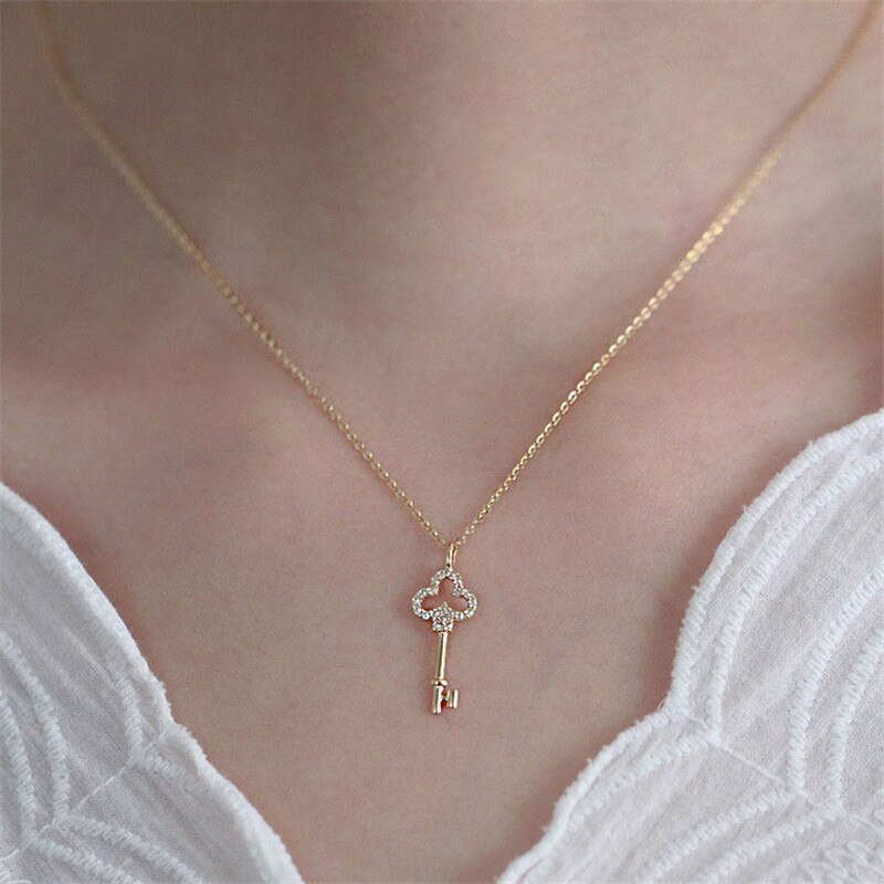Christmas Gift HI MAN 925 Sterling Silver Plating 14K Gold French Crystal Key Pendant Necklace Women Exquisite Wedding Jewelry
