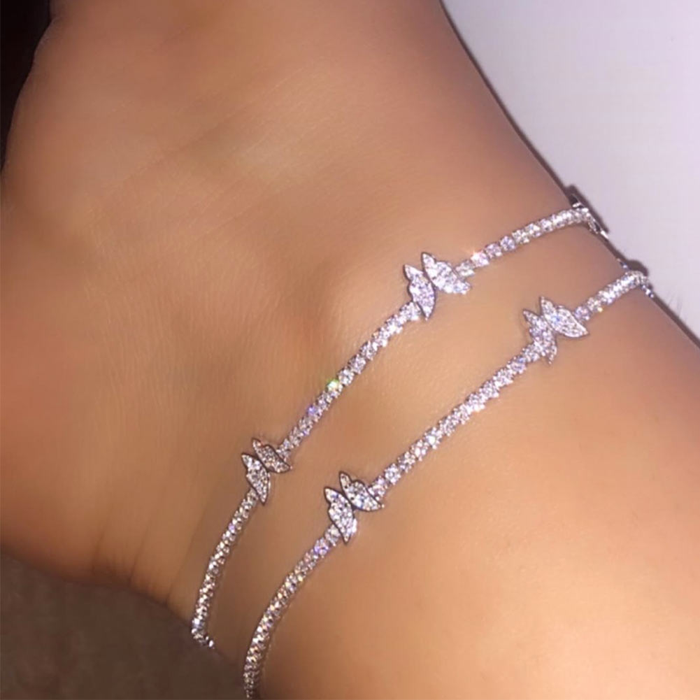 Skhek Fashion Luxury Butterfly Rhinestone Anklet Women Gold Silver Color Crystal Tennis Chain Foot Chain Bracelet Beach Foot Jewelry