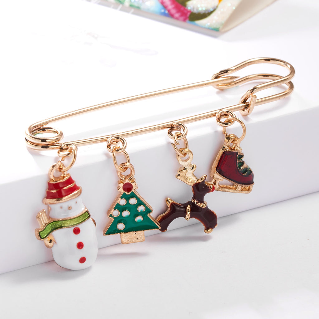 Christmas Brooches Santa Claus Snowman Snowflake Chain Tassel Pins For Women Lovely Elk Christmas Tree Gloves Neddle Pin Jewelry