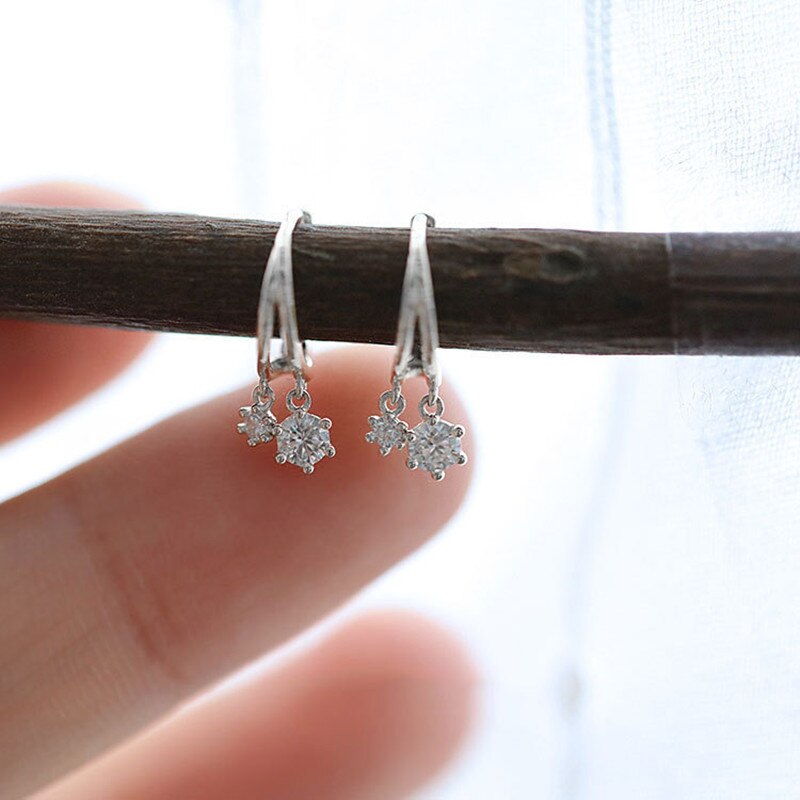 925 Sterling Silver Korean Shiny Crystal Earrings For Women Cute Small Student Jewelry Accessories Girlfriend Gifts
