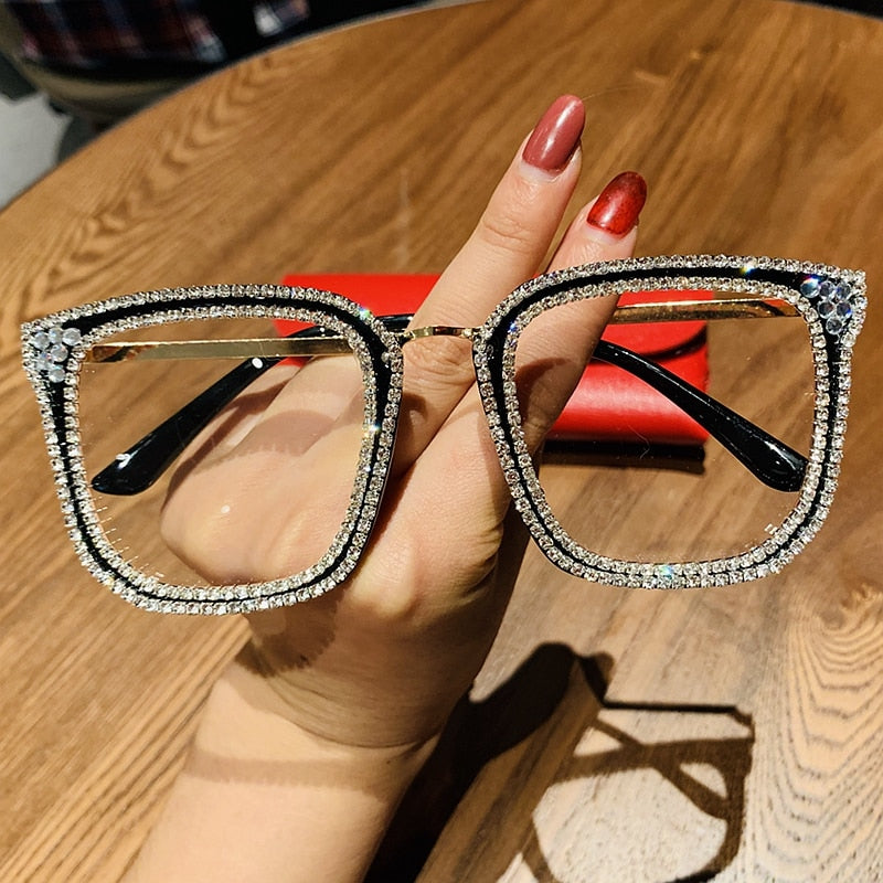 Skhek Myopia Hyperopia Women Sunglasses Vintage Clear Lens Glasses Ladies Luxury Rhinestone Eyeglasses Men Optical Shades