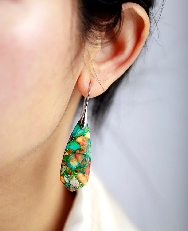 Skhek Bohemian Women Jaspers Dangle Earrings Colorful Lady Boho Natural Stones Earring Designer Jewelry Bijoux Dropship