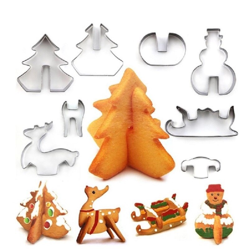 Christmas Gift 8pcs/set Christmas Tree Elk Snowman Stainless Steel 3D Cake Cookie Cutters Mold Navidad Decor for Home New Year Natal Noel Xmas