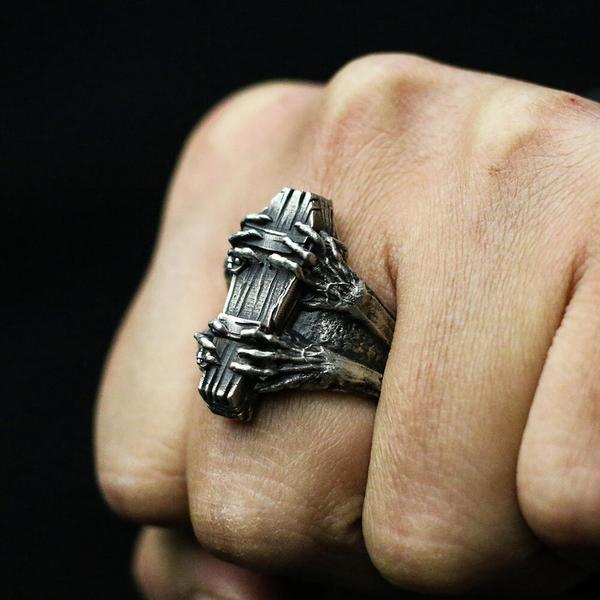 Skhek Punk Rock Us Size Ghost Claw Coffin Ring 316L Stainless Steel Band Party Biker Jewelry Dropshipping For Man Gift Anel