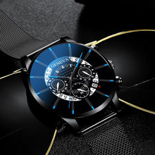 Load image into Gallery viewer, Christmas Gift Luxury Hollow out Men&#39;s Fashion Business Calendar Watches Blue Stainless Steel Mesh Belt Analog Quartz Watch relogio masculino